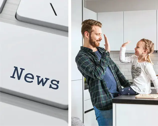 Zweigeteiltes Bild mit Tastaturtaste News links und Mann und Kind beim High-Five in einer hellen Küche rechts.
